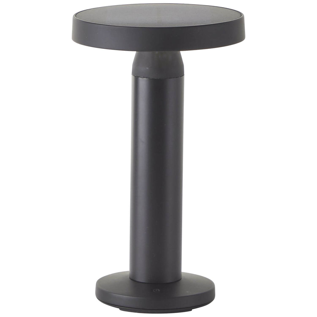 Lampe extérieure noire de face, abat-jour plat rond et pied cylindrique