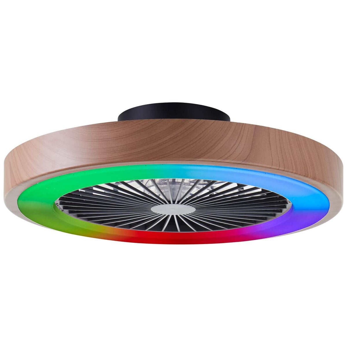 Vue de biais du ventilateur de plafond au bandeau lumineux arc-en-ciel allumé
