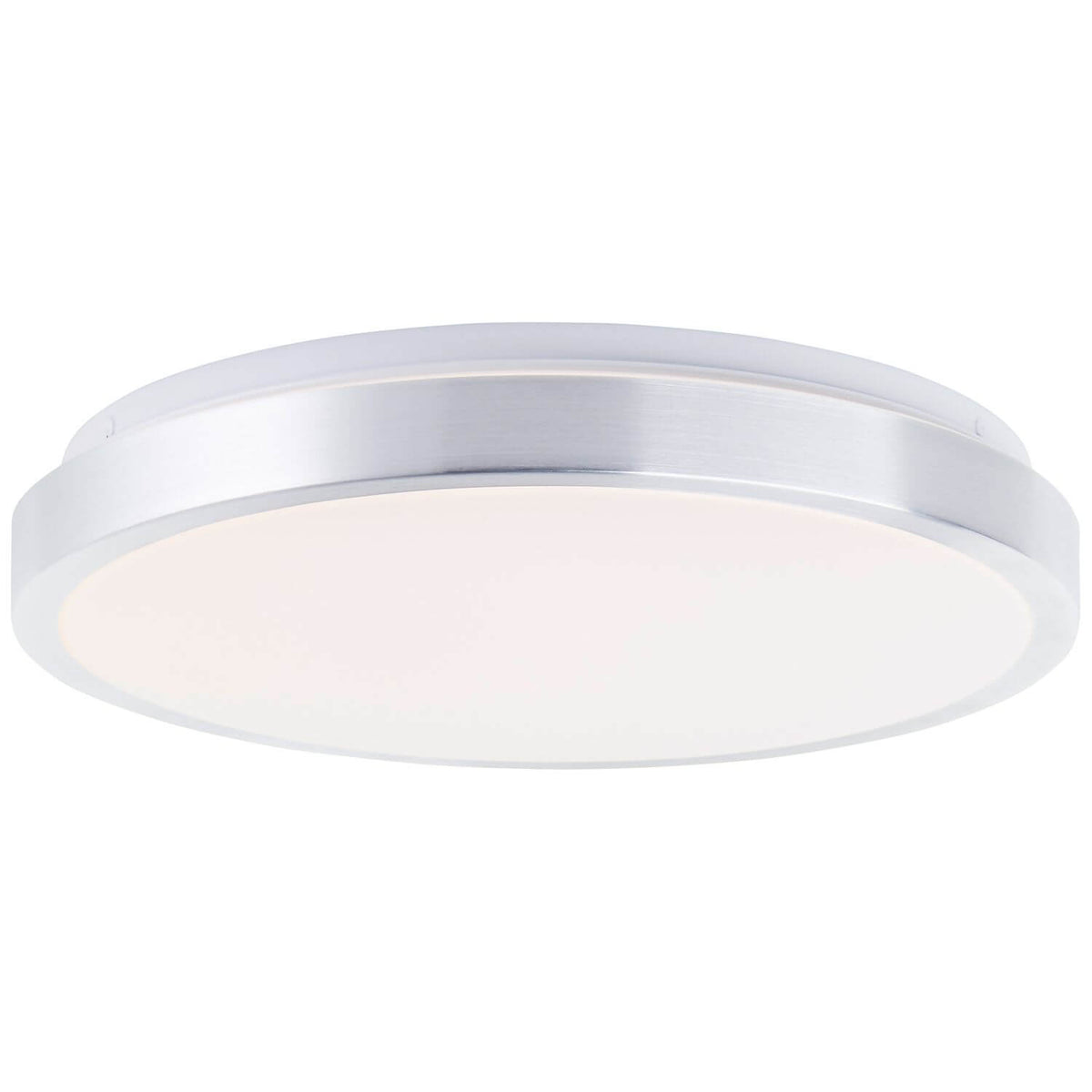Vue de profil du plafonnier rond avec cerclage nickel et diffuseur blanc.