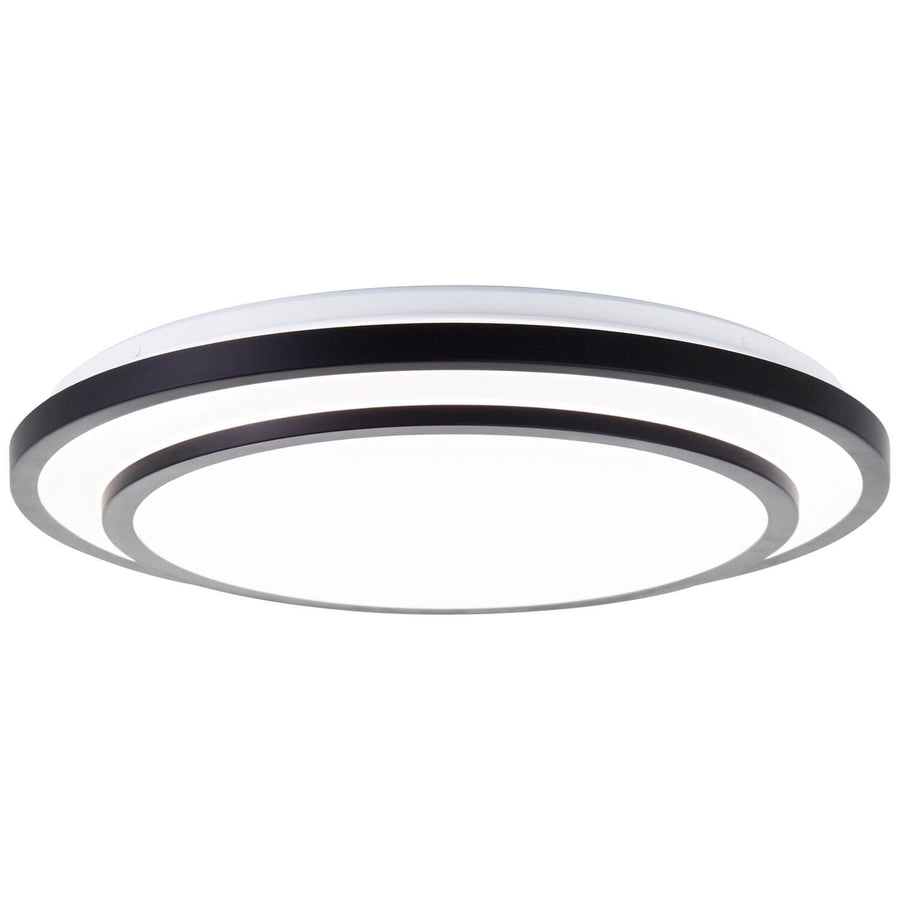 Produit seul sur fond blanc, vue de trois quarts du plafonnier rond noir et blanc.