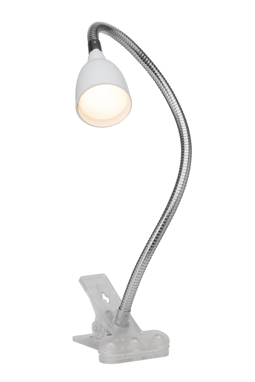 Lampe de bureau blanche à pince, col de cygne chromé et tête orientable, sur fond blanc.