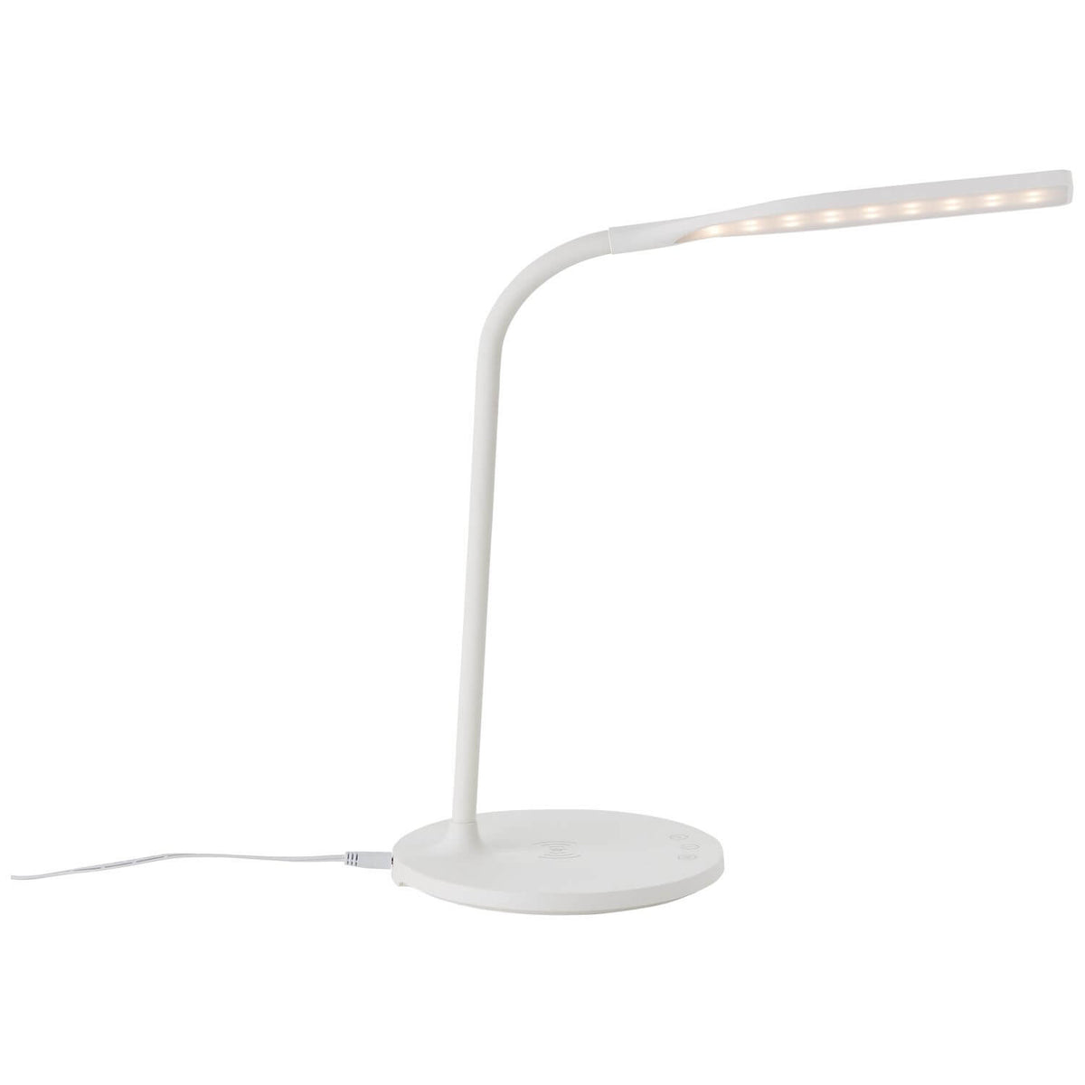 Lampe blanche avec câble d'alimentation visible et tête LED allumée