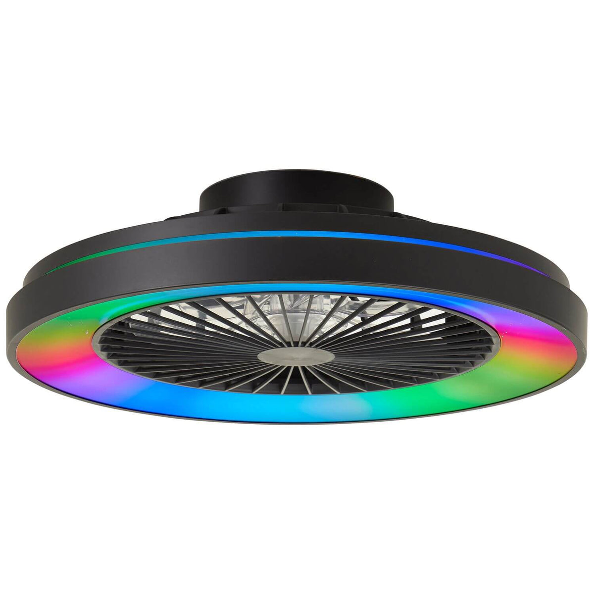 Ventilateur de plafond noir vu de face, anneau LED multicolore allumé et grille centrale