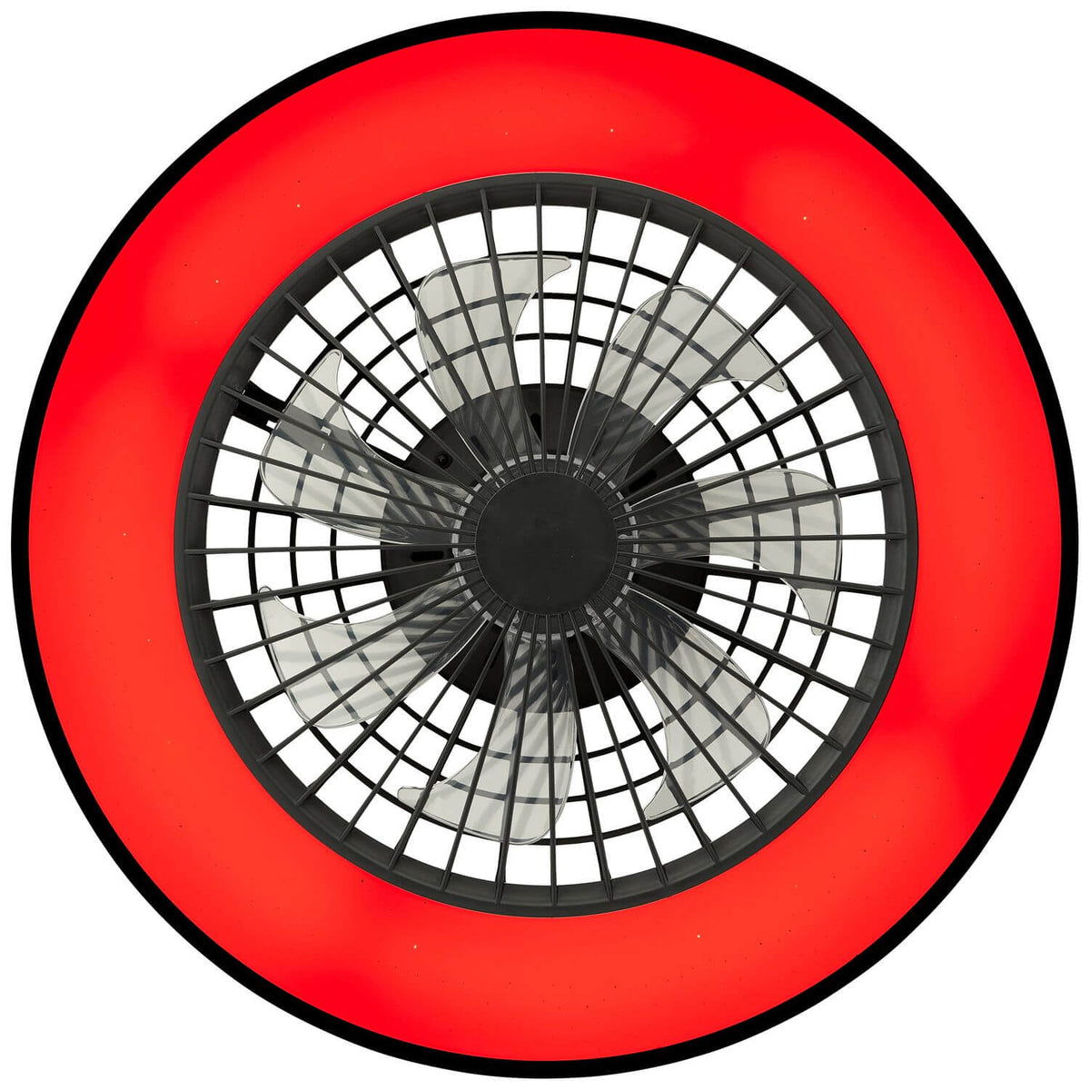 Vue de dessous du ventilateur éclairé en rouge vif sur l'anneau périphérique
