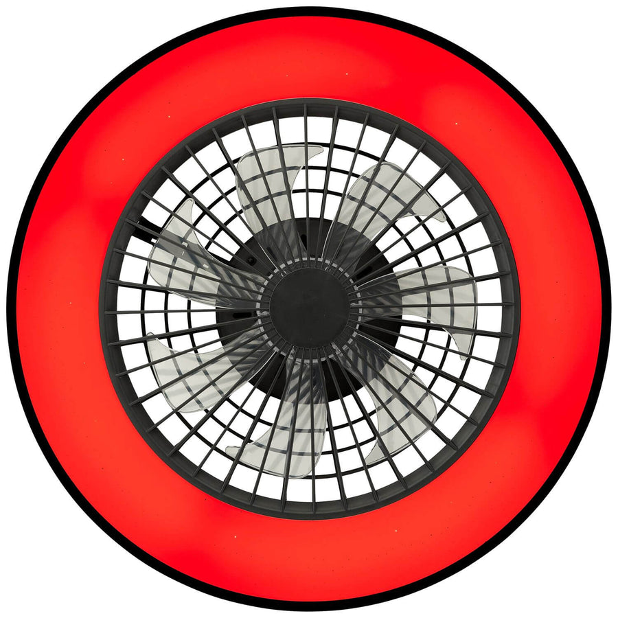 Vue de dessous du ventilateur éclairé en rouge vif sur l'anneau périphérique