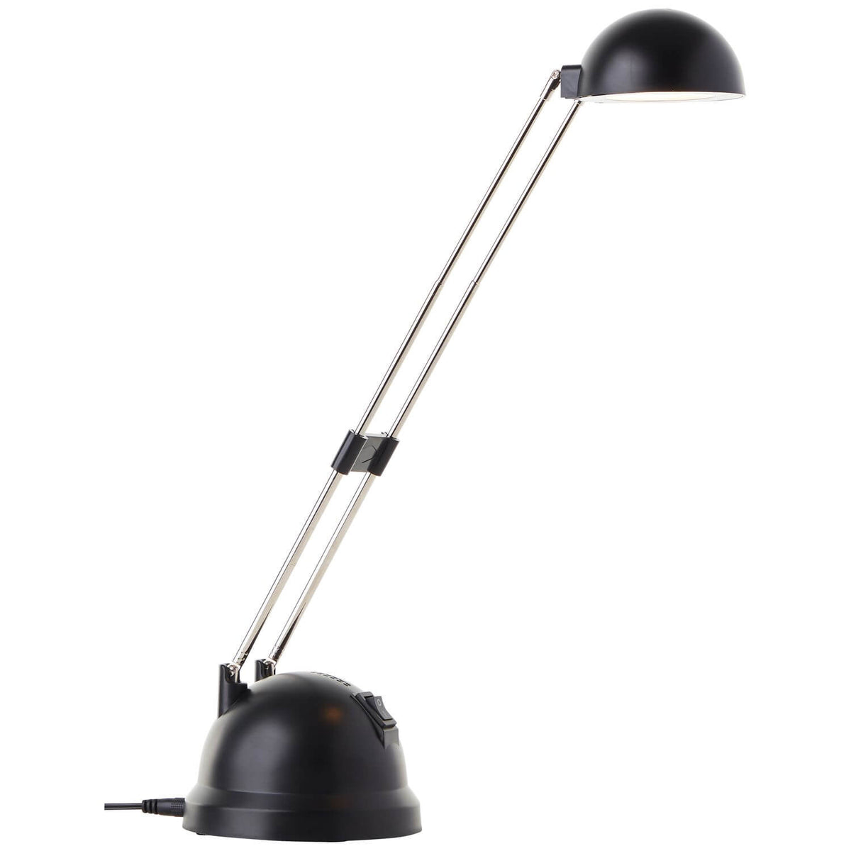 Lampe de bureau noire, abat-jour bombé et bras métallique chromé articulé, vue de profil