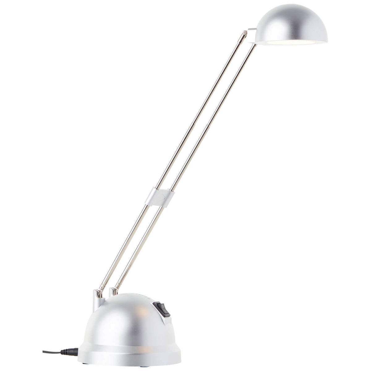 Lampe d'appoint argentée avec bras articulé et abat-jour demi-sphérique, vue de profil.