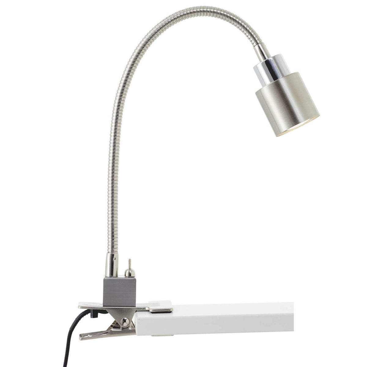 Vue d'ensemble de la lampe de bureau à pince, bras flexible et tête cylindrique orientable.