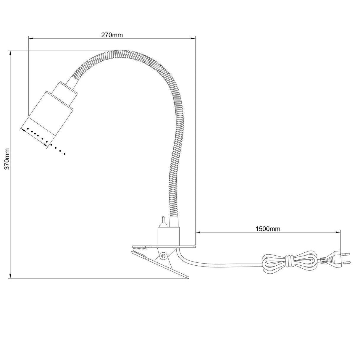 Schéma technique coté : 370 mm de hauteur, 270 mm de largeur, câble 1500 mm.