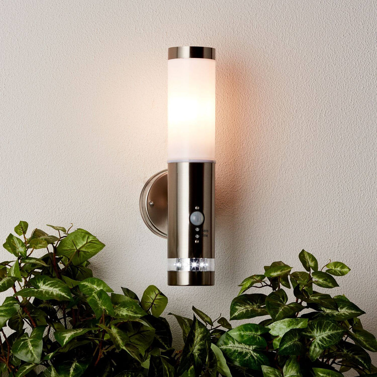 Applique murale inox installée sur mur extérieur clair, entourée de plantes vertes