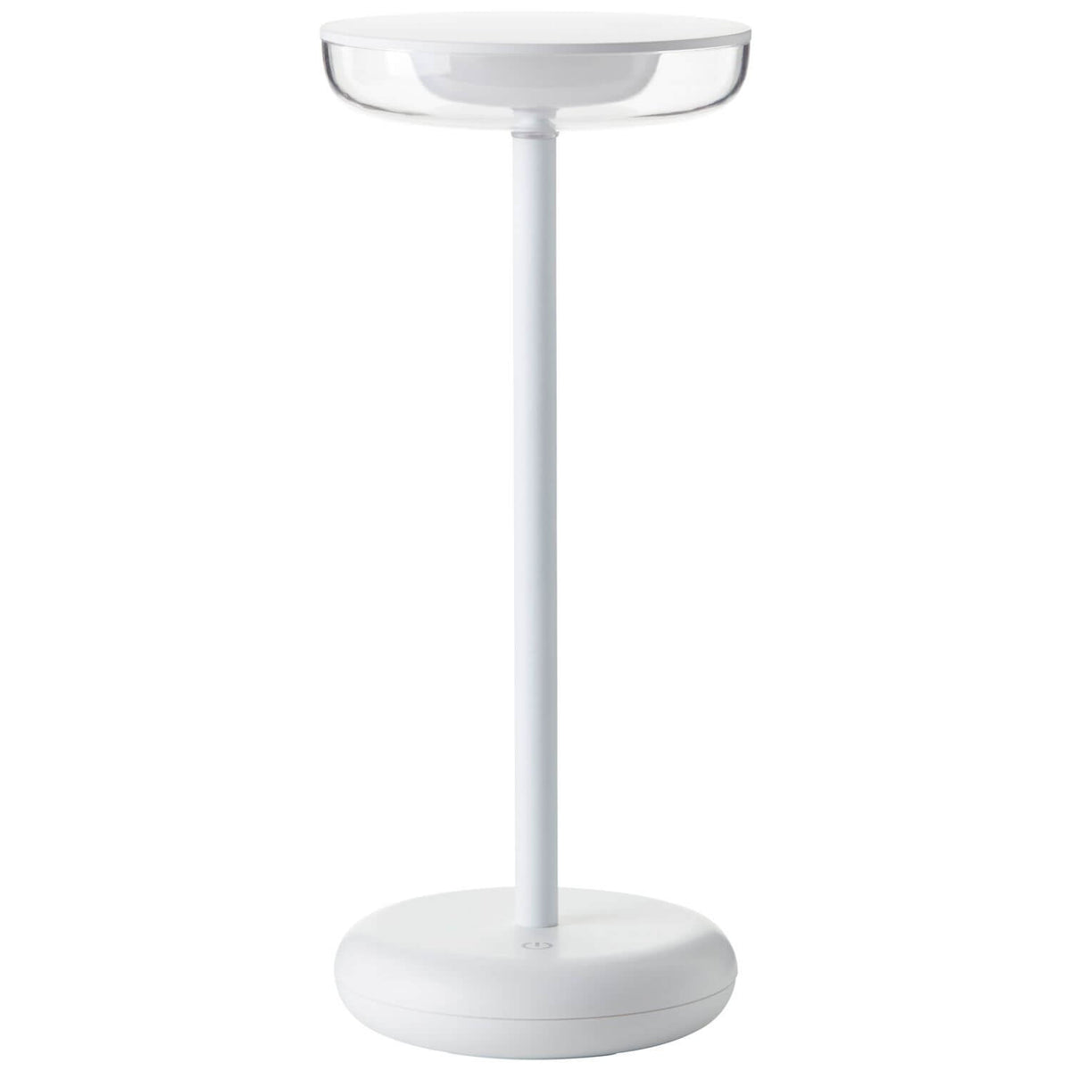 Vue de face de la lampe blanche éteinte, pied rond et tige fine