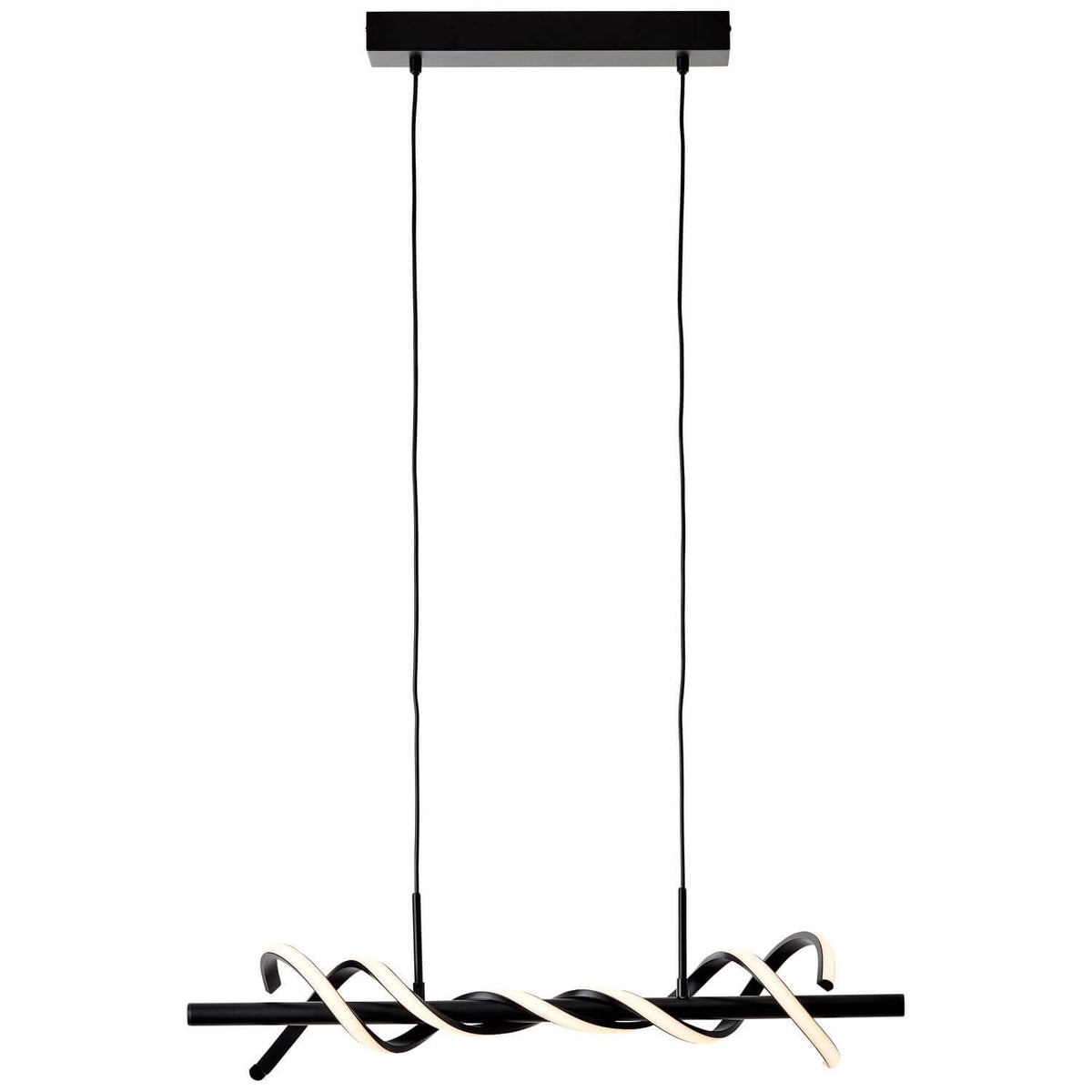 Suspension noire vue de face, ruban LED torsadé autour d'une barre horizontale.