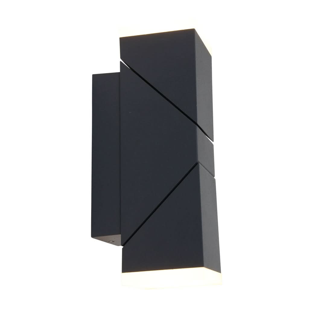 Vue de trois quarts du luminaire mural noir double, éteint, sur fond blanc