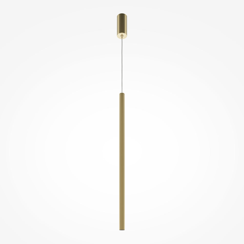 Vue d'ensemble du luminaire doré suspendu, long tube vertical et fin câble sur fond blanc.
