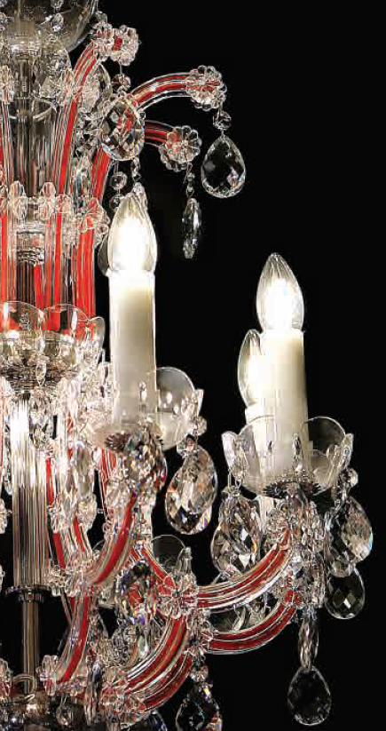 Détail rapproché des bras rouges, binets et pendeloques de cristal avec bougies allumées
