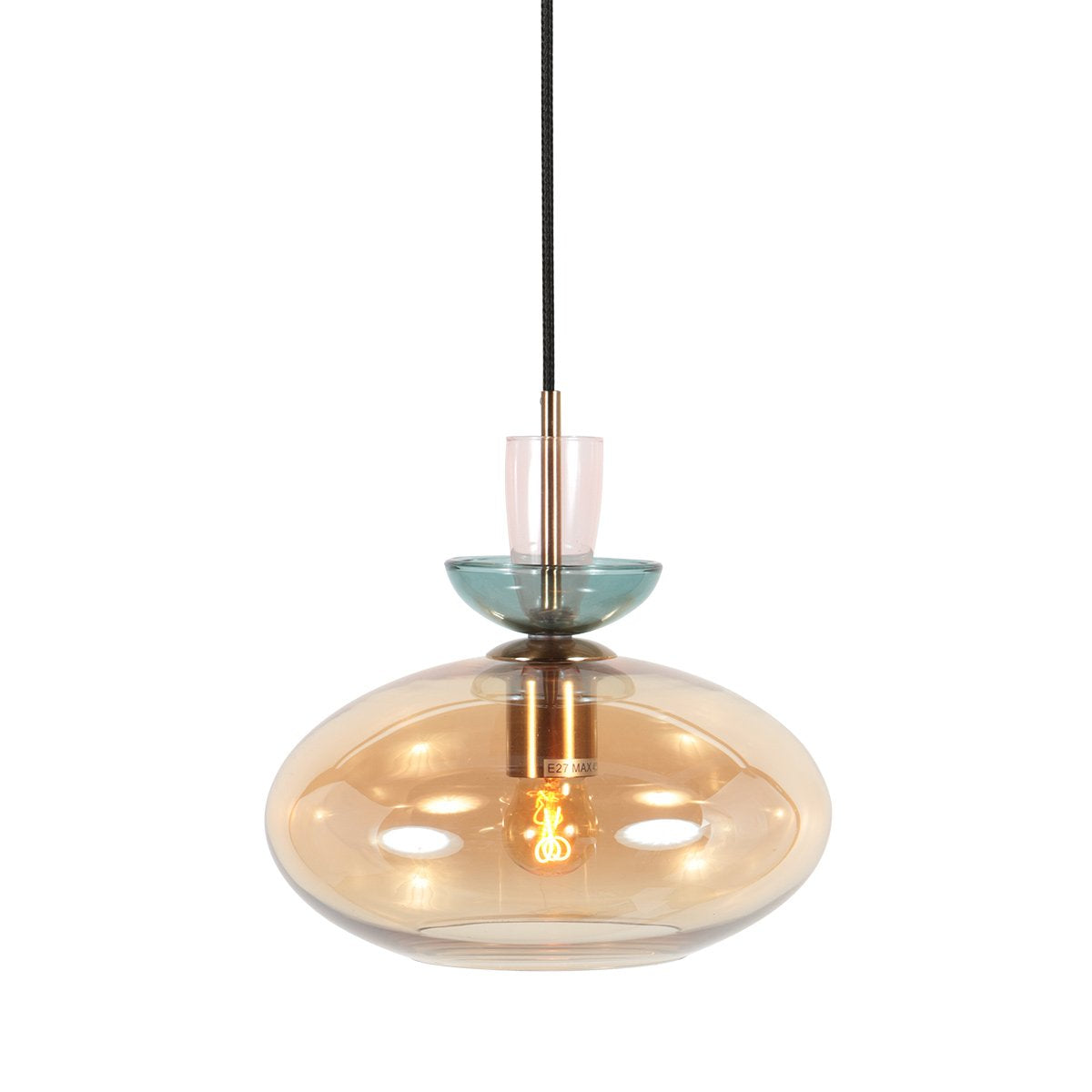 Suspension en verre ambré avec petites pièces rose et bleu vert.