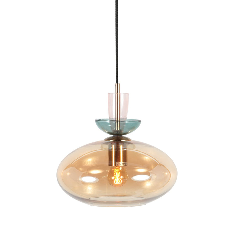 Suspension en verre ambré avec petites pièces rose et bleu vert.