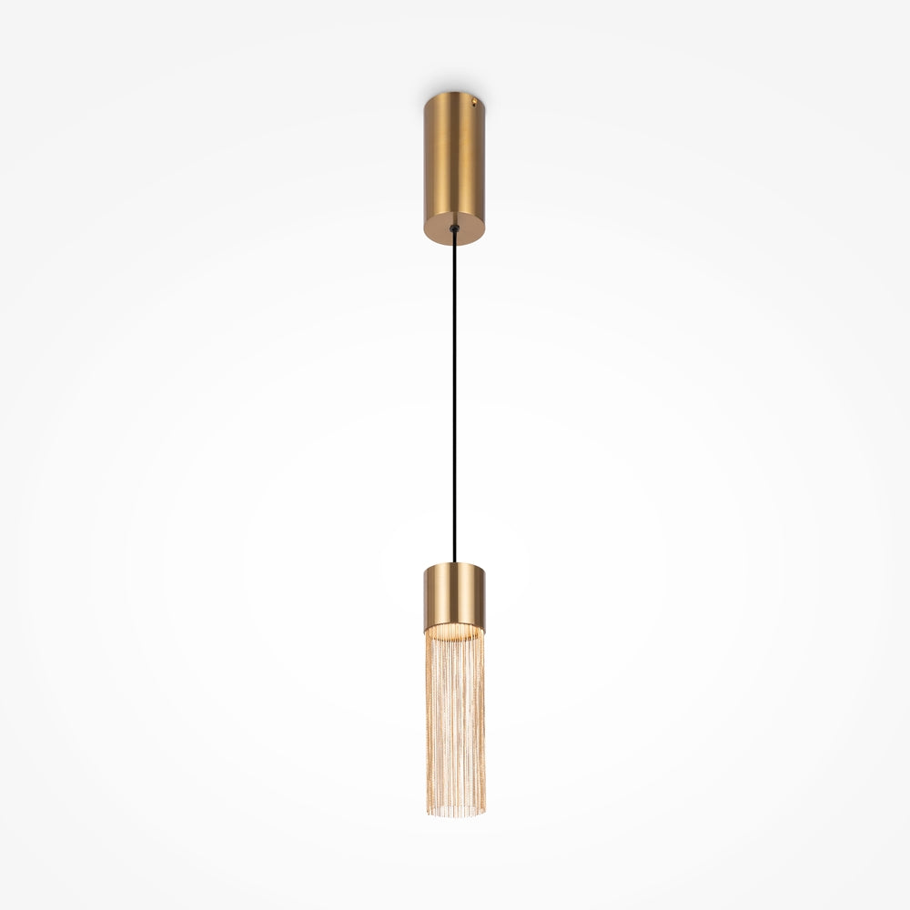 Luminaire suspendu doré de face sur fond blanc, câble noir fin et abat-jour cylindrique