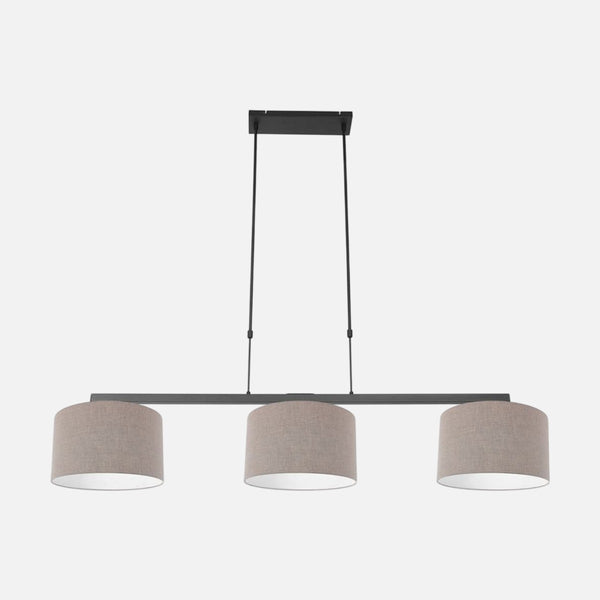 Suspension 3 lampes barre noire, abat-jours en lin gris | Stang
