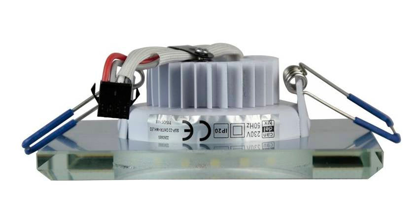 Profil du spot encastrable montrant les ressorts, le radiateur et la bague en verre.