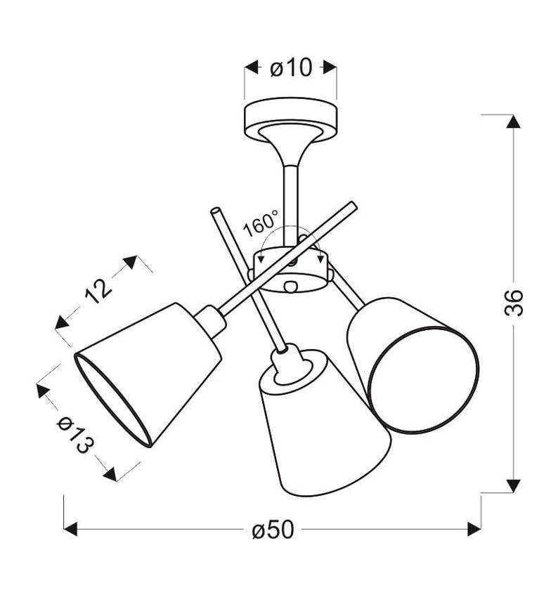 Schéma technique coté du luminaire avec diamètres, hauteur et angle d'inclinaison