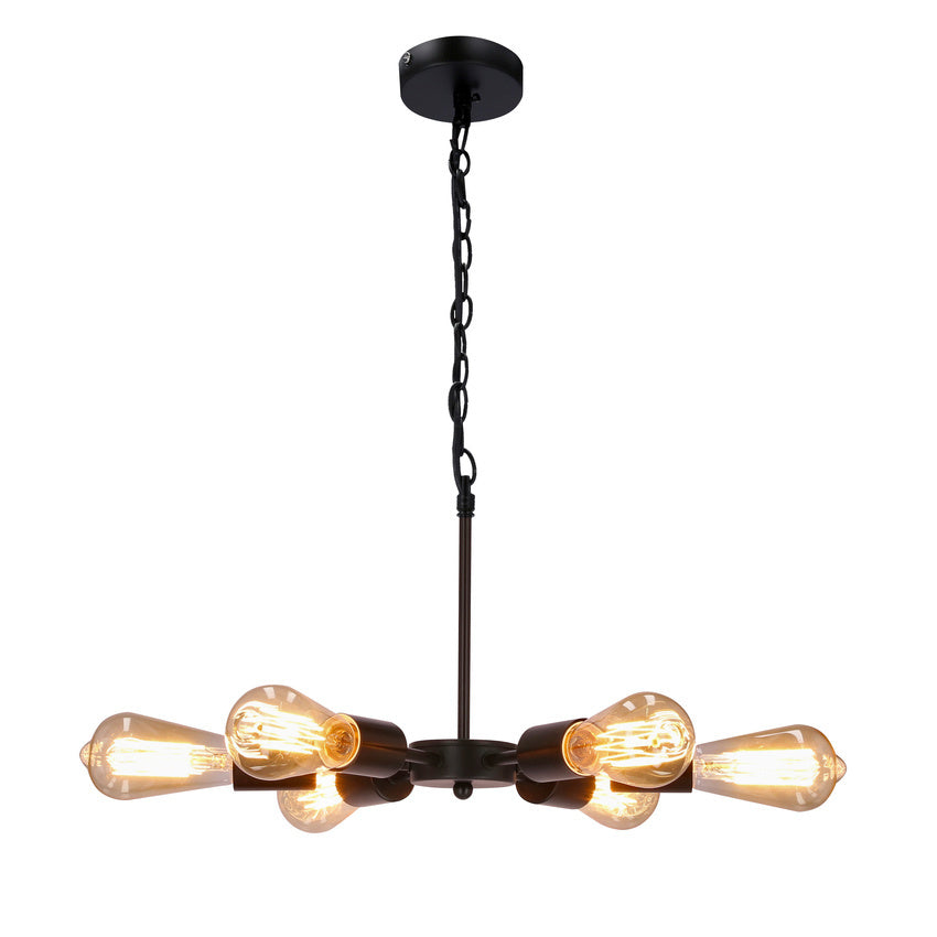 Même suspension allumée, ampoules à filament diffusant une lumière chaude, vue d'ensemble.