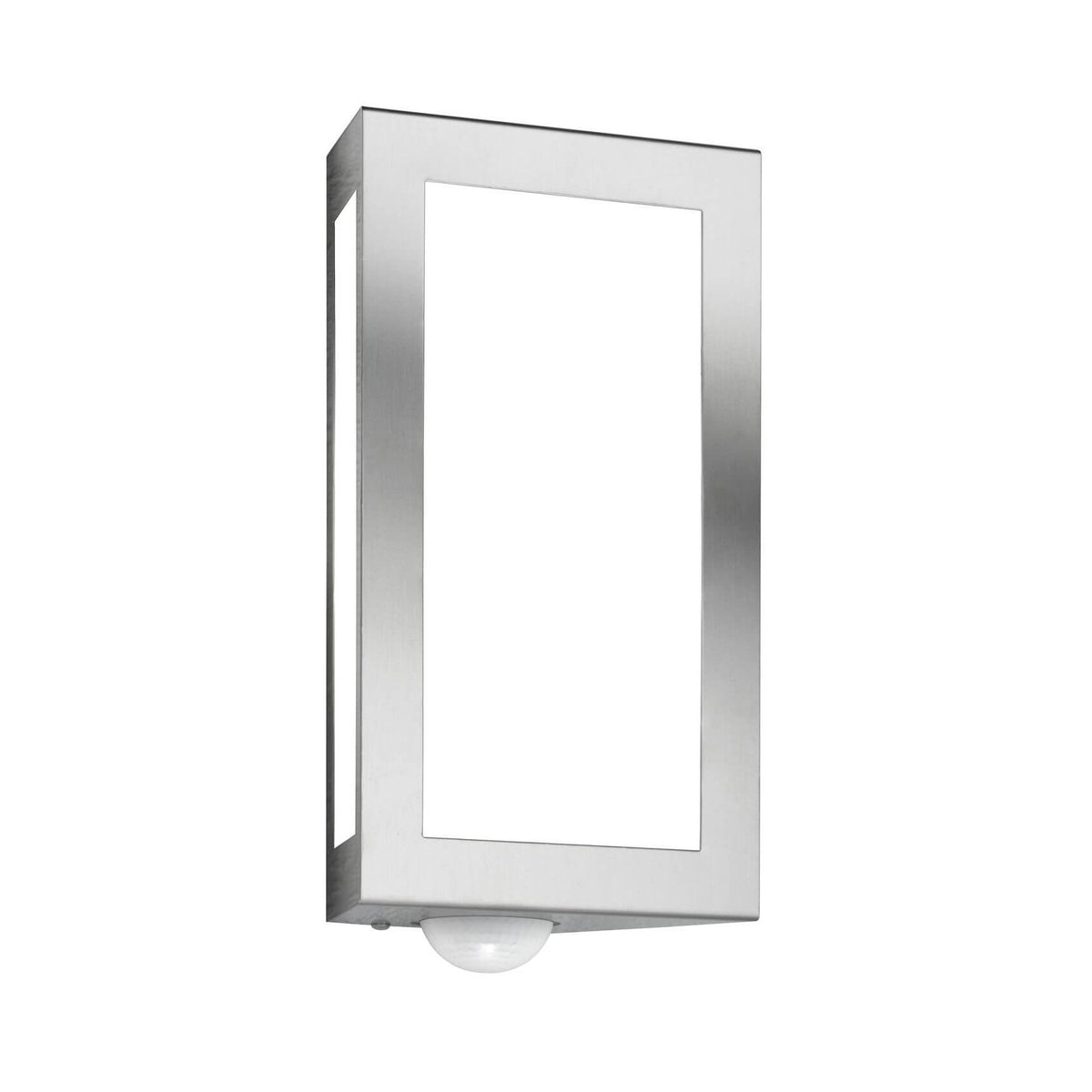Applique murale en inox brossé, face avant avec cadre rectangulaire et détecteur.