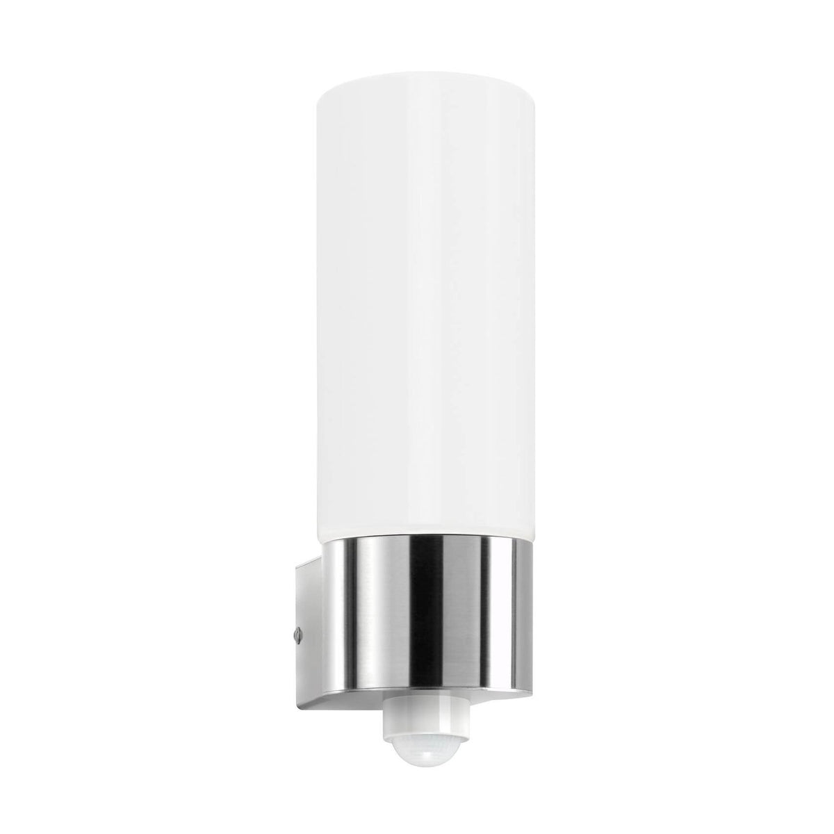 Applique murale extérieure en inox avec diffuseur cylindrique blanc et détecteur de mouvement.