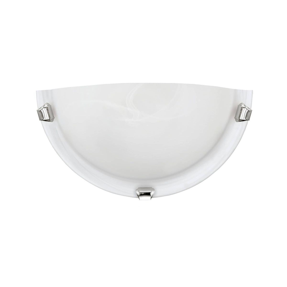 Applique murale en demi-dôme blanc albâtre avec fixations chromées, vue de face sur fond blanc.