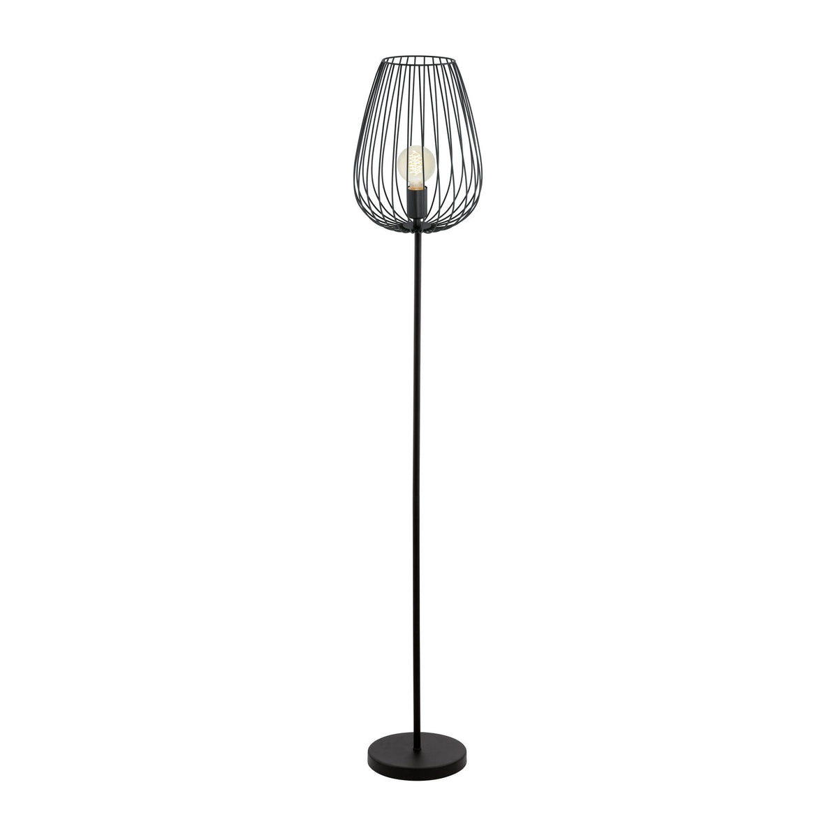 Lampadaire noir à abat-jour cage métallique, vue de face sur fond blanc