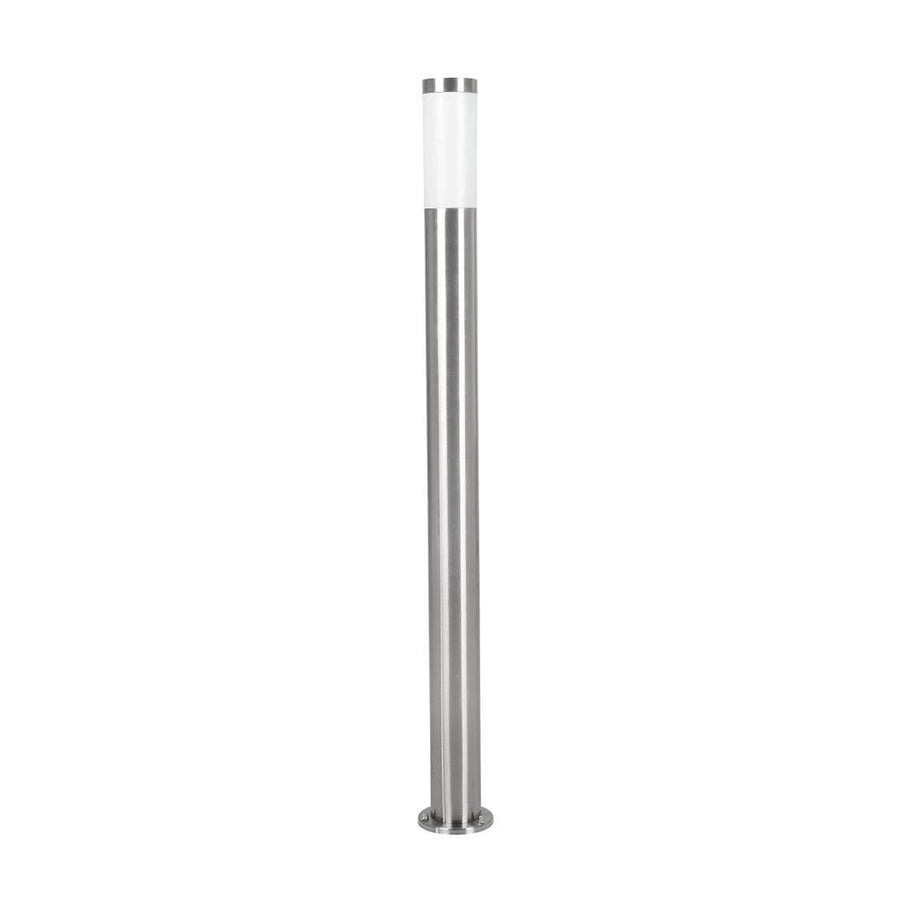 Lampadaire colonne en inox brossé et diffuseur blanc cylindrique, présenté détouré de face
