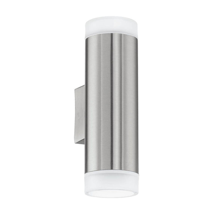 Applique murale cylindrique en inox avec diffuseurs blancs en haut et bas.