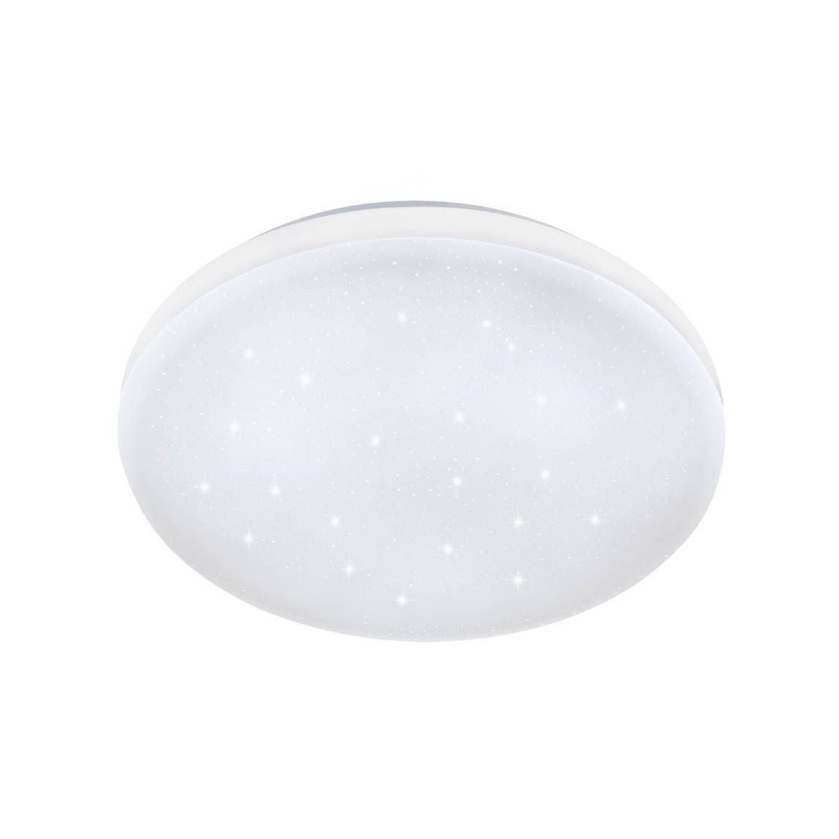Vue de face d'un plafonnier rond blanc au diffuseur étoilé.