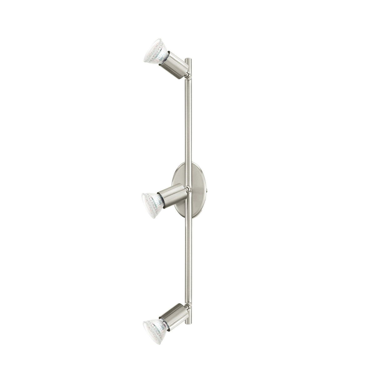 Vue de face du spot vertical avec trois projecteurs orientables nickel satiné