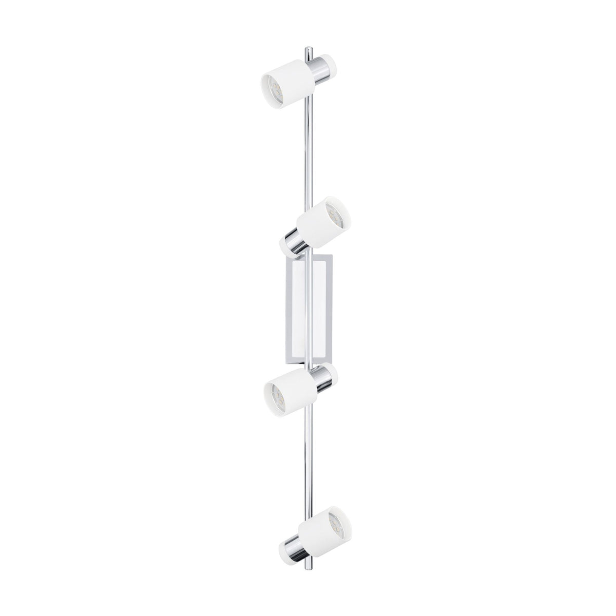 Vue du luminaire sur fond blanc, tige chromée et quatre spots cylindriques blancs orientables.