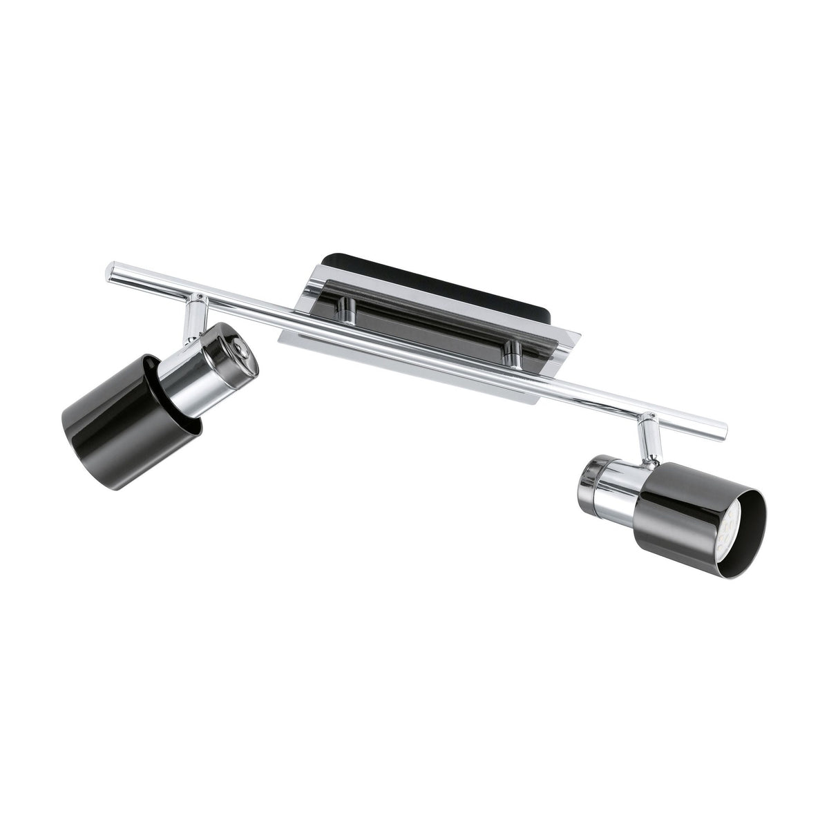 Vue de trois quarts du spot plafond double, finition nickel et noir.