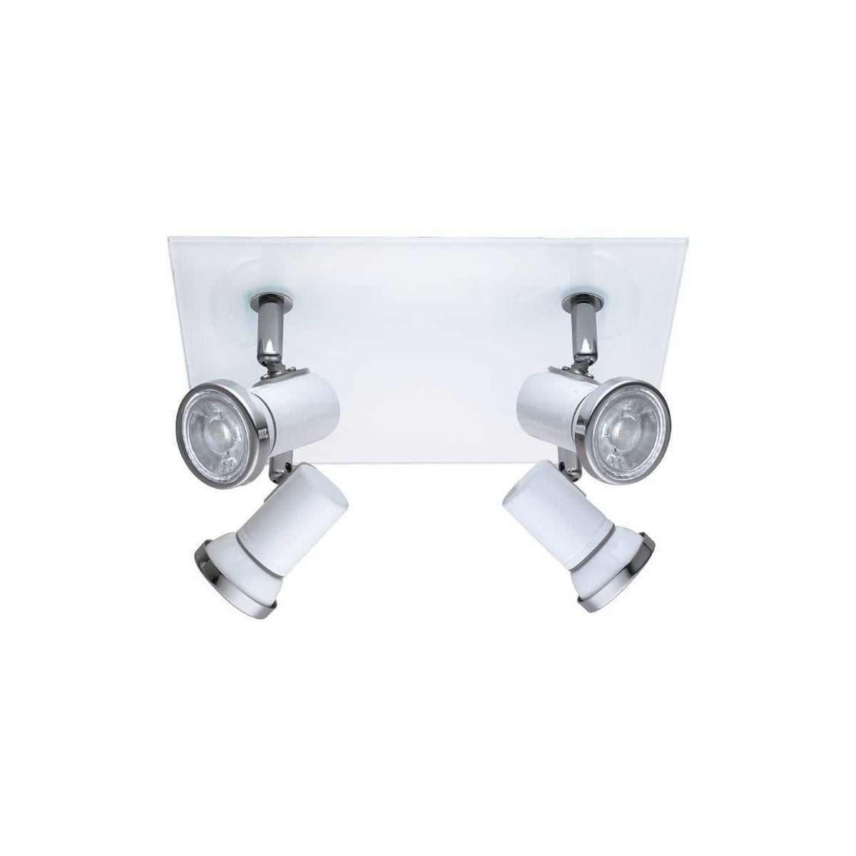 Luminaire plafond carré blanc avec quatre spots orientables chromés, vue de face sur fond blanc.