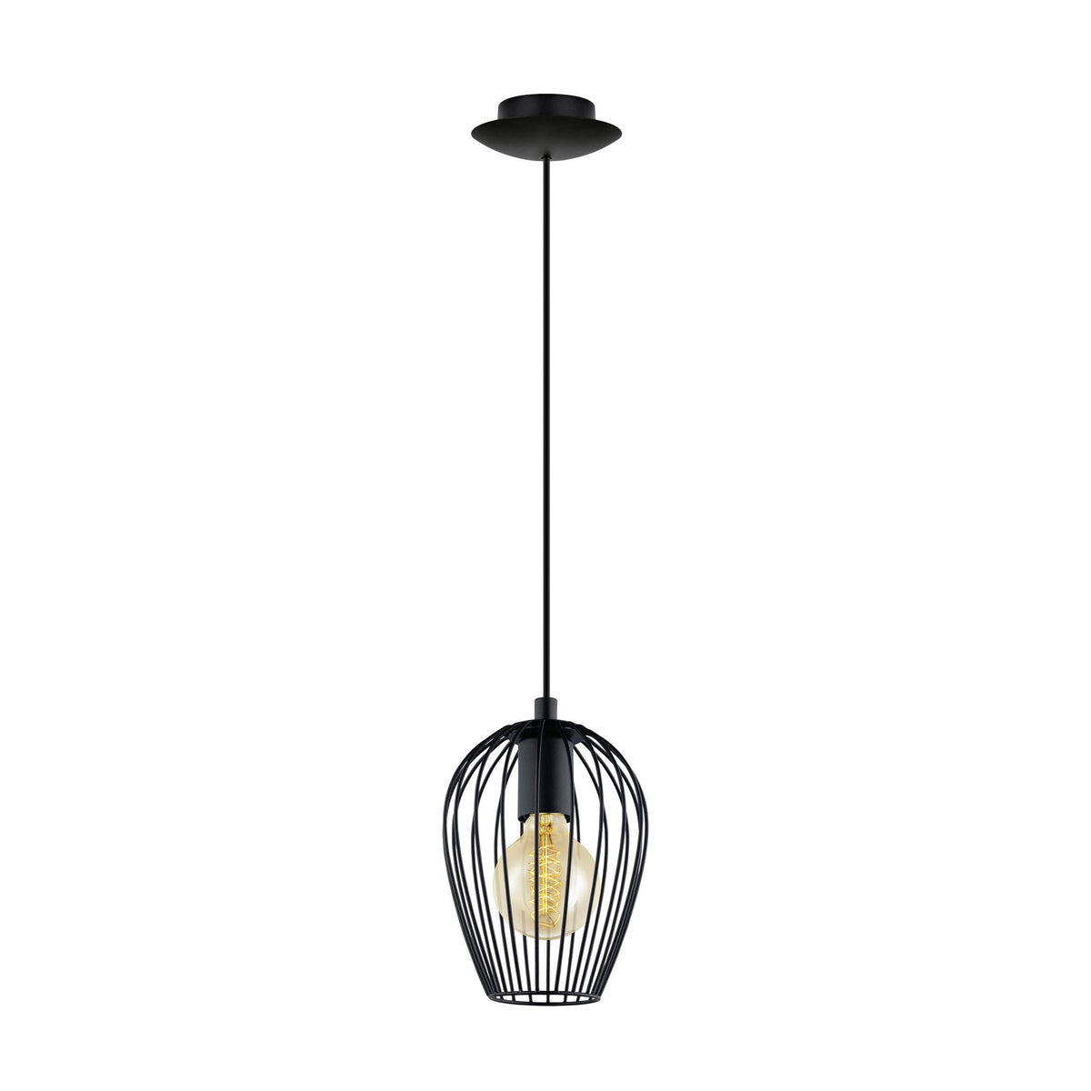 Suspension noire complète sur fond blanc, cage métallique ovale et ampoule chaude.
