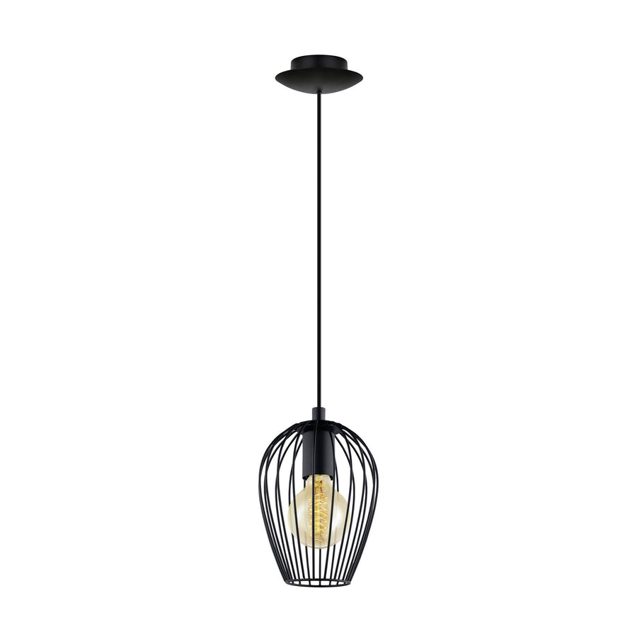Suspension noire complète sur fond blanc, cage métallique ovale et ampoule chaude.