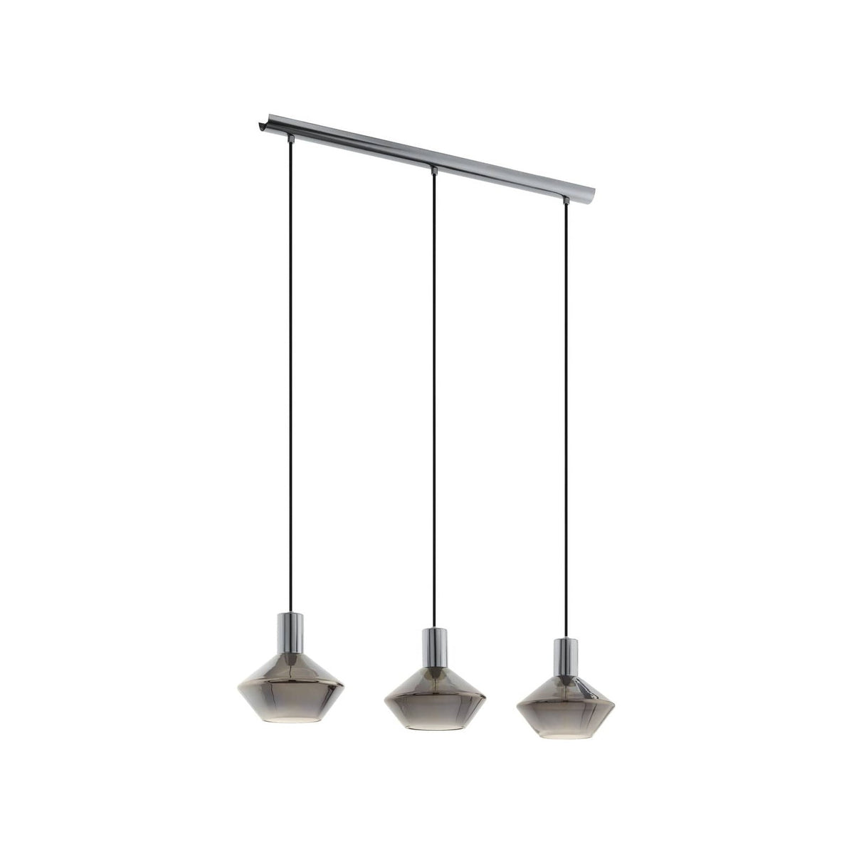 Suspension trois lumières vue de face, verre fumé et finitions chromées sur rail
