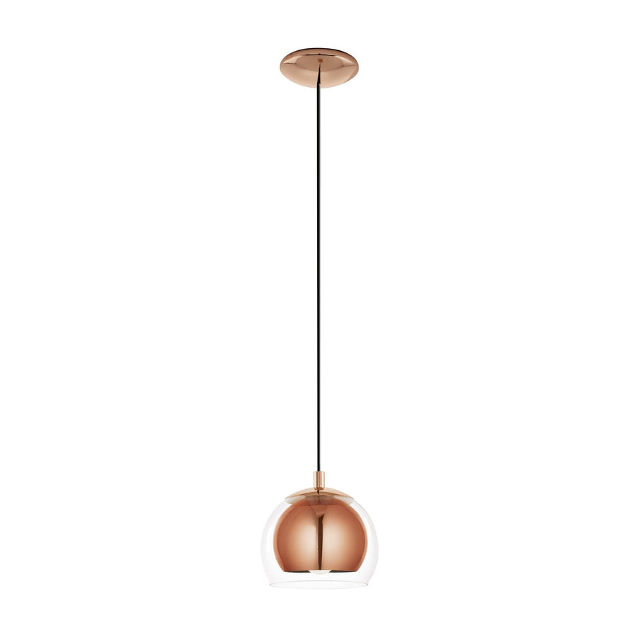 Suspension entière sur fond blanc, verre transparent et dôme intérieur cuivré