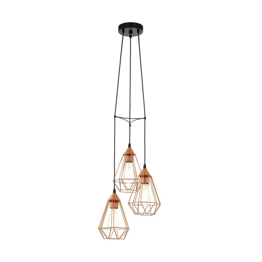 Suspension trois cages cuivrées ajourées, cordons noirs, sur fond blanc