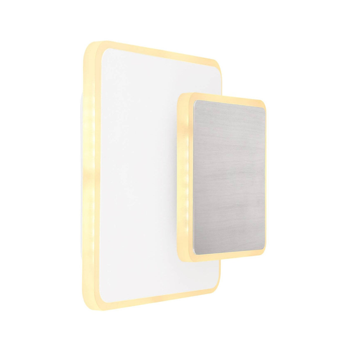 Applique murale blanche rectangulaire avec plaque métal brossé, vue de trois quarts sur fond blanc.