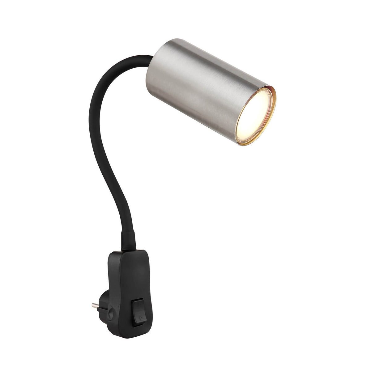 Luminaire mural à bras flexible et tête cylindrique, vue de face sur fond blanc