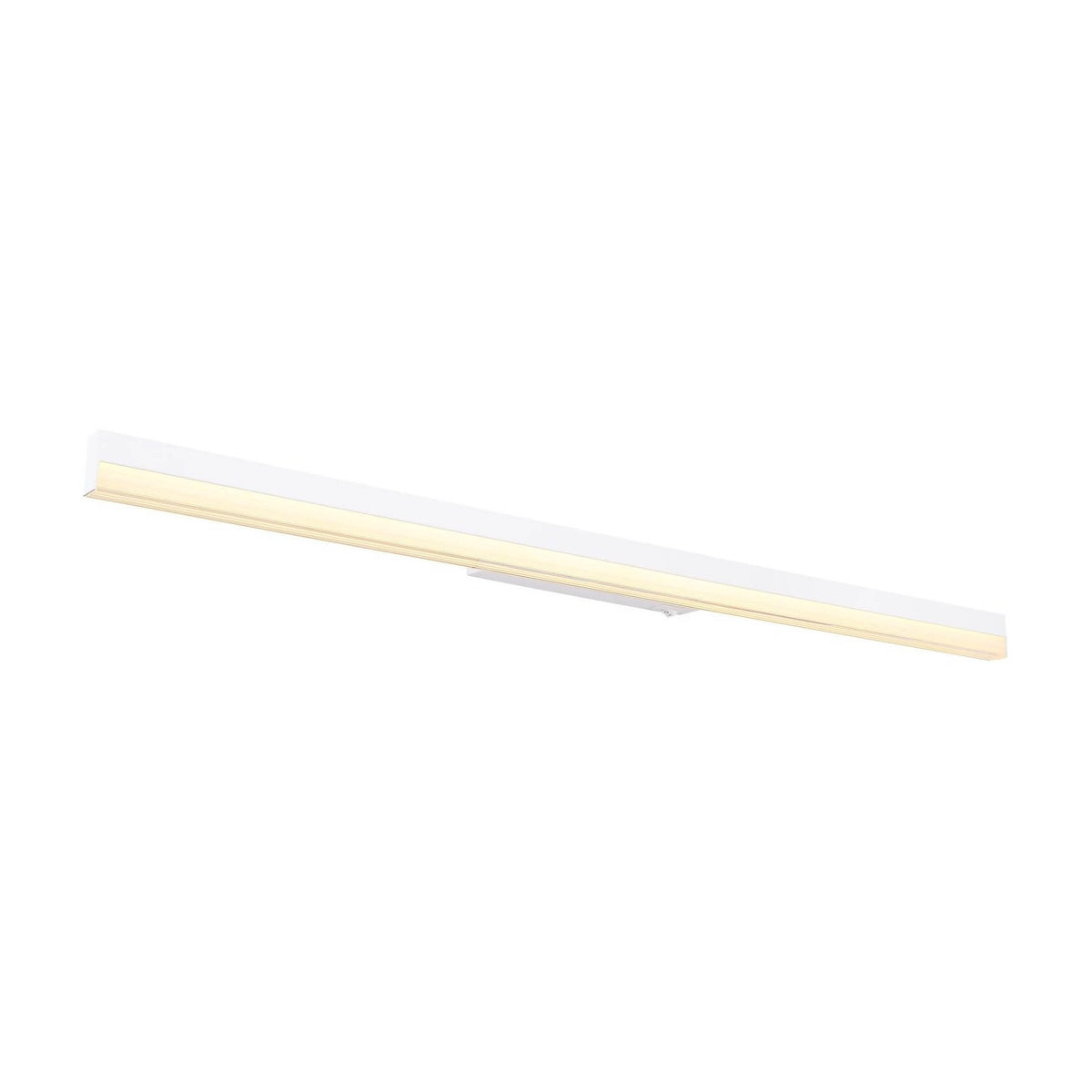 Vue de trois quarts du luminaire blanc mat, longue barre fine sur fond blanc