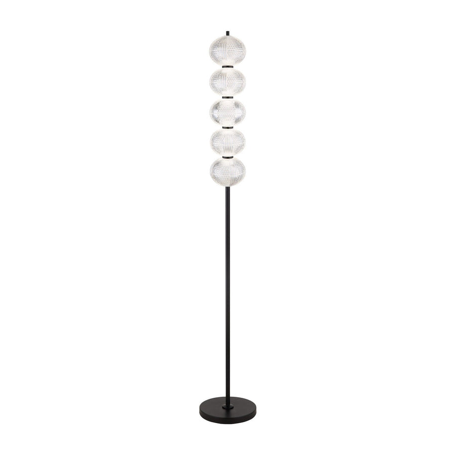 Lampadaire noir mat de face, cinq globes de verre texturé empilés sur tige fine