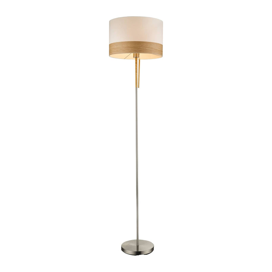 Lampadaire entier vu de face, abat-jour cylindrique beige et pied fin nickel satiné