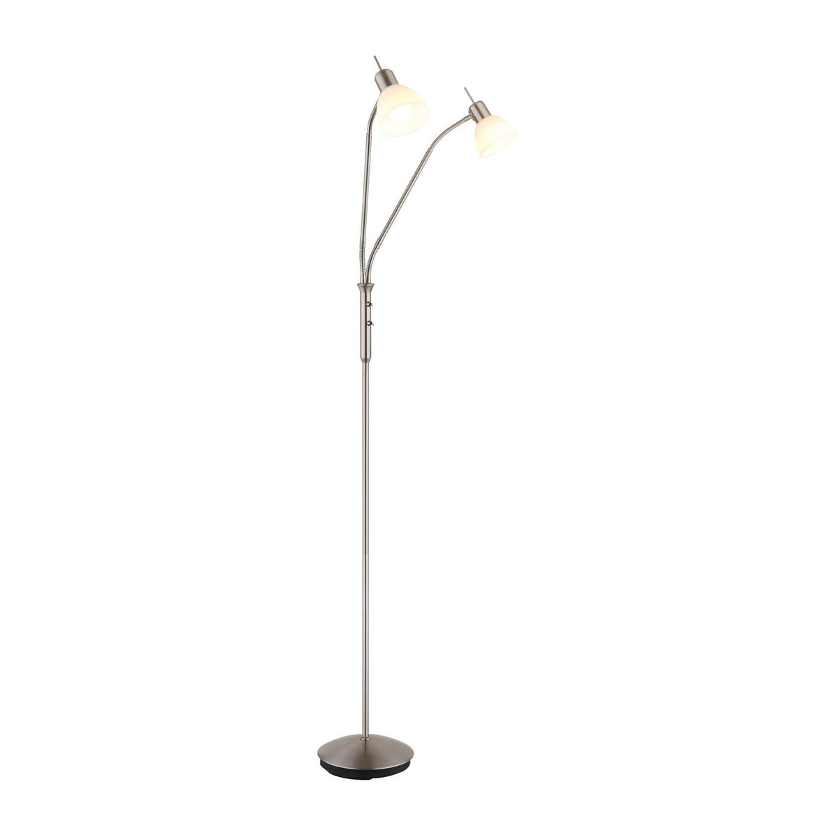 Lampadaire à deux bras courbes, nickel satiné et diffuseurs opalins, vue de face.