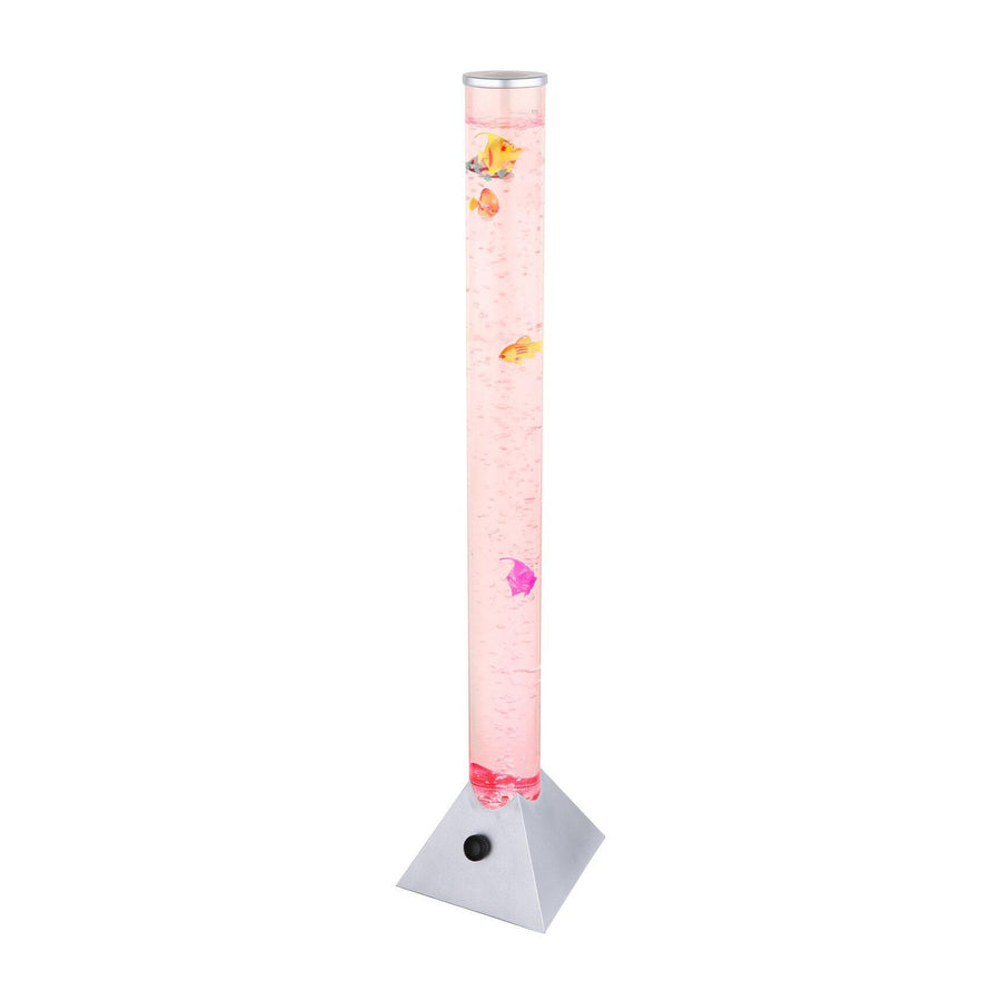Lampadaire à bulles de face, tube transparent, liquide rose et poissons décoratifs.