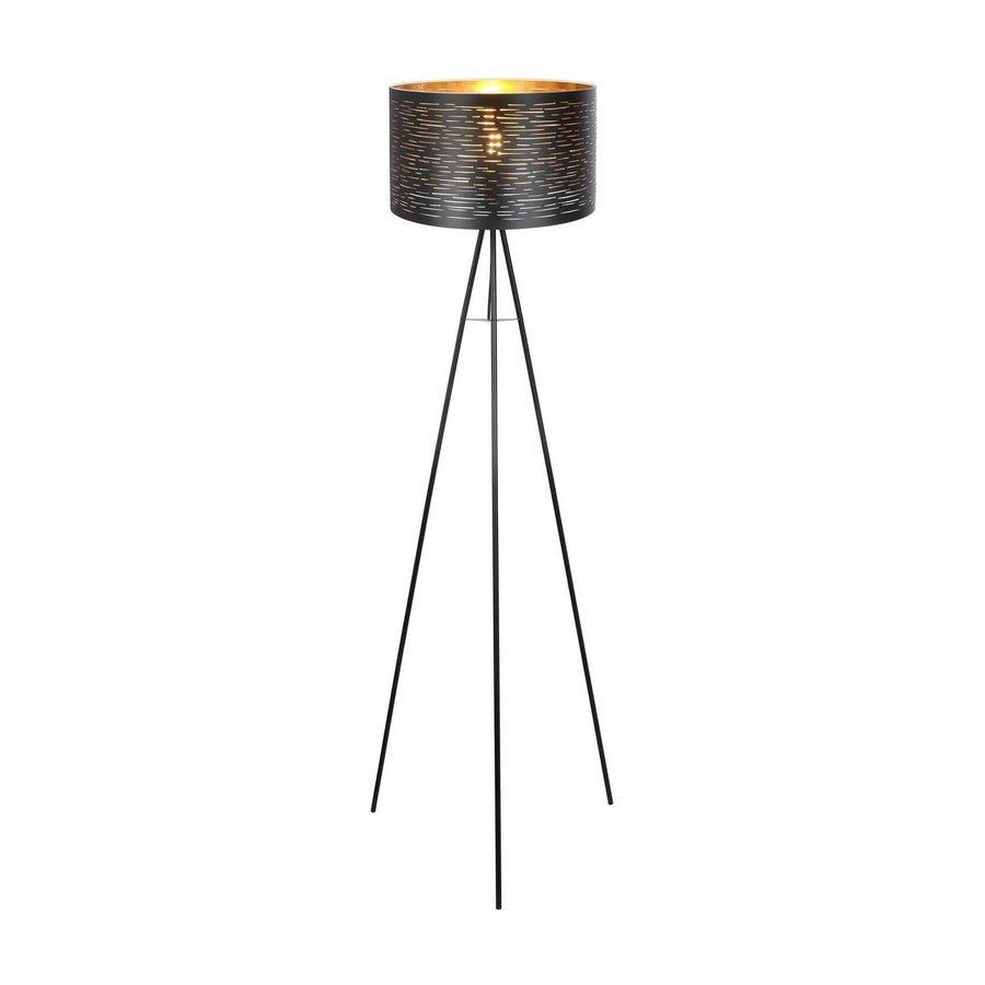 Lampadaire trépied noir à abat-jour cylindrique ajouré, intérieur doré, fond blanc